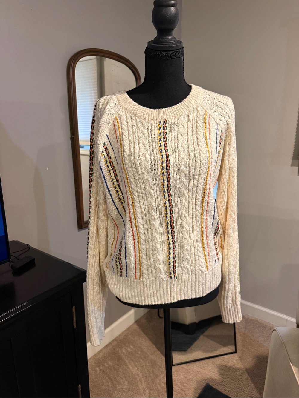 Nordstrom Cream Cable Knit Sweater with Multicolor Stripe Accents